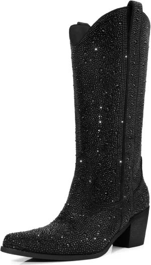 Rhinestone Cowboy Boots for Women Wide Calf Sparkly Cowgirl Boots Mid Calf Pointed Toe Block Heel Sparkle Boots with Half Zip Size 6-11