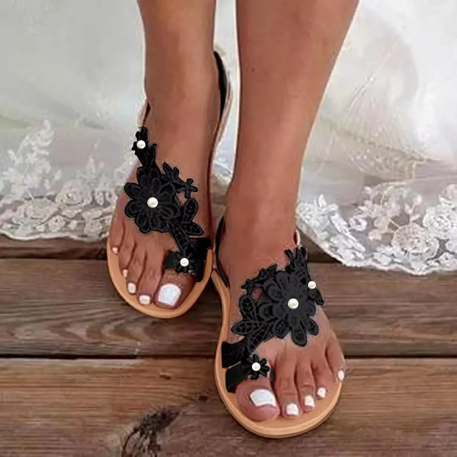Rhinestone Sandals for Women Dressy Sandals for Wedding Pearl and Rhinestone Shoe Strappy Beach Wedding Shoes Sandals Women Dressy Summer Flat