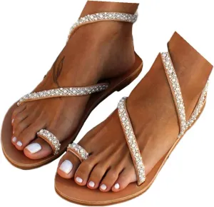 Rhinestone Sandals for Women Dressy Sandals for Wedding Pearl and Rhinestone Shoe Strappy Beach Wedding Shoes Sandals Women Dressy Summer Flat