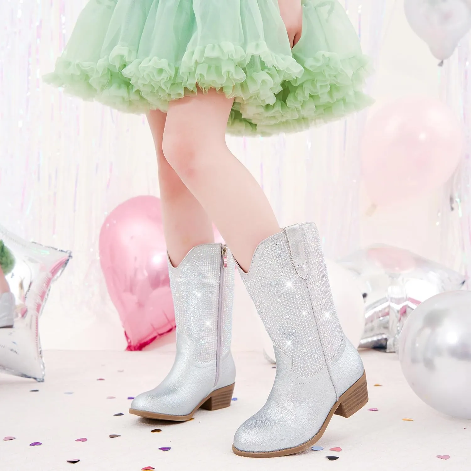 Rhinestone Sparkly Girls Cowgirl Cowboy Boots Little Kids Dress Boot Pointed Toes Low Heel Mid Calf Zipper Party Birthday Toddler to Big Kid
