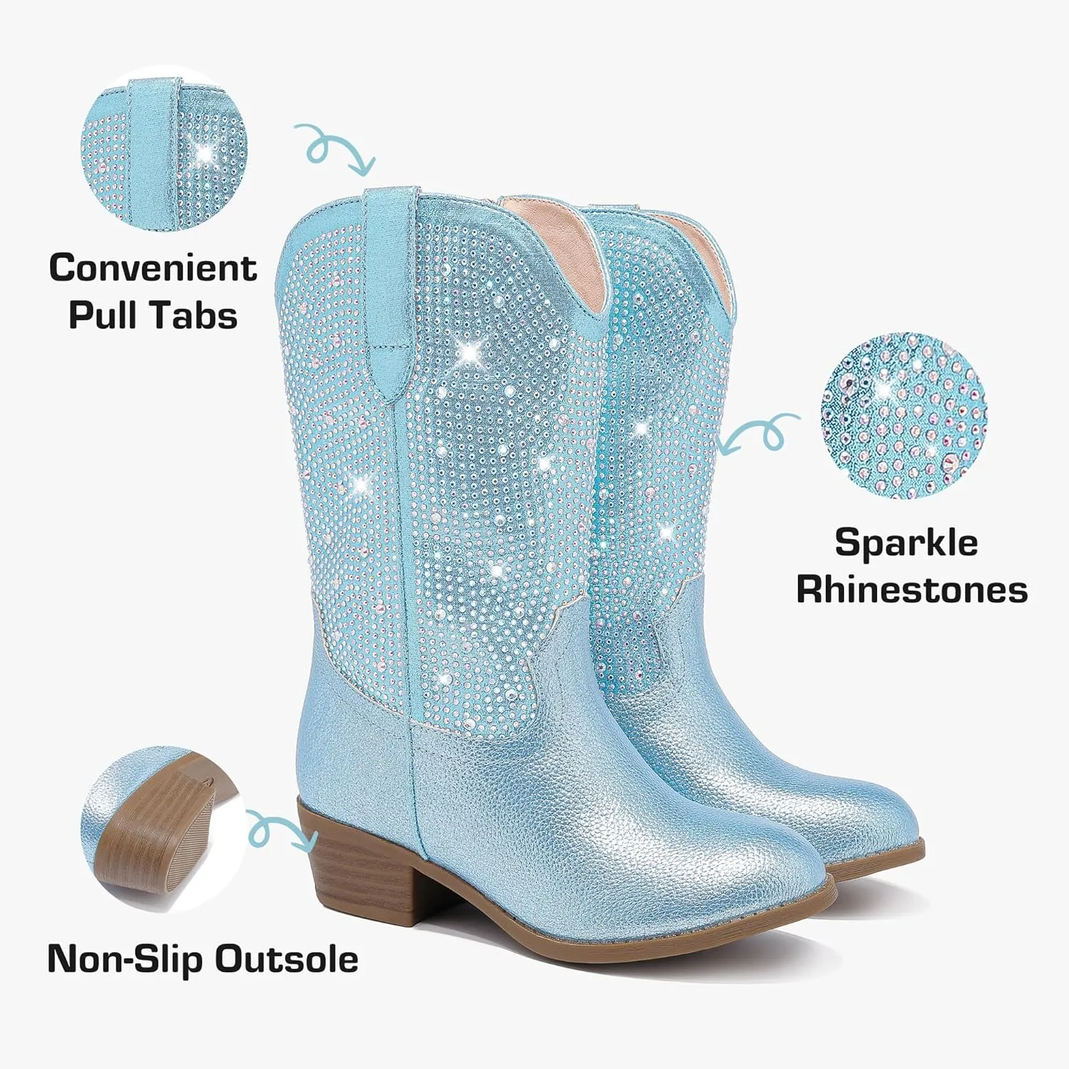 Rhinestone Sparkly Girls Cowgirl Cowboy Boots Little Kids Dress Boot Pointed Toes Low Heel Mid Calf Zipper Party Birthday Toddler to Big Kid