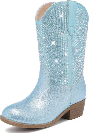 Rhinestone Sparkly Girls Cowgirl Cowboy Boots Little Kids Dress Boot Pointed Toes Low Heel Mid Calf Zipper Party Birthday Toddler to Big Kid