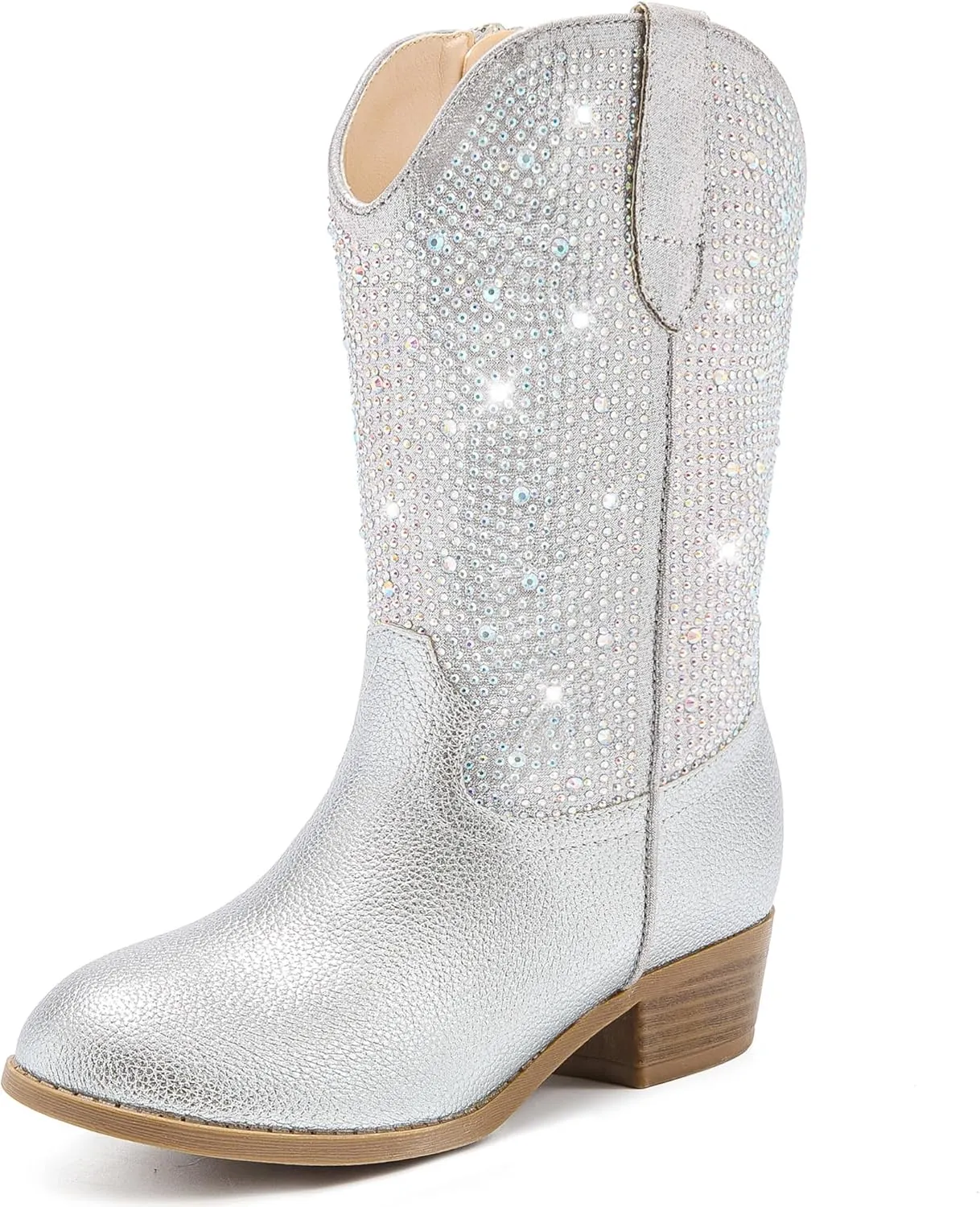 Rhinestone Sparkly Girls Cowgirl Cowboy Boots Little Kids Dress Boot Pointed Toes Low Heel Mid Calf Zipper Party Birthday Toddler to Big Kid