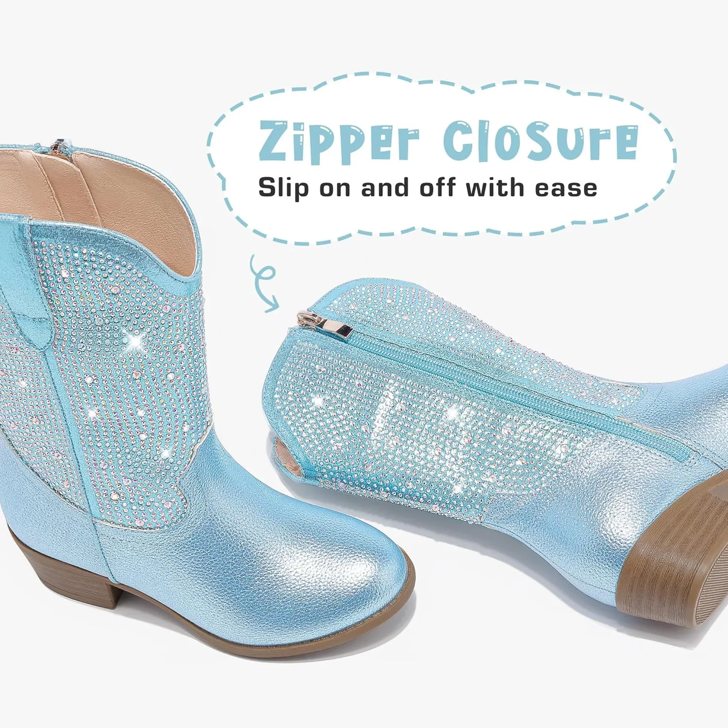 Rhinestone Sparkly Girls Cowgirl Cowboy Boots Little Kids Dress Boot Pointed Toes Low Heel Mid Calf Zipper Party Birthday Toddler to Big Kid