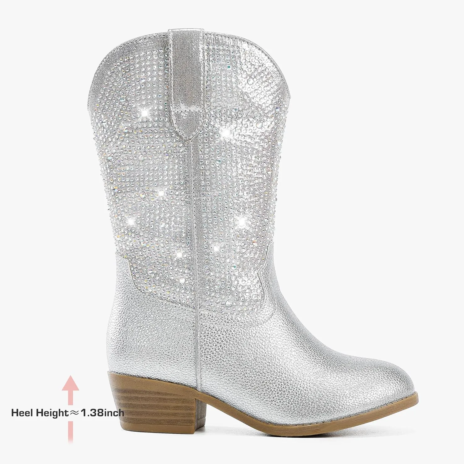 Rhinestone Sparkly Girls Cowgirl Cowboy Boots Little Kids Dress Boot Pointed Toes Low Heel Mid Calf Zipper Party Birthday Toddler to Big Kid