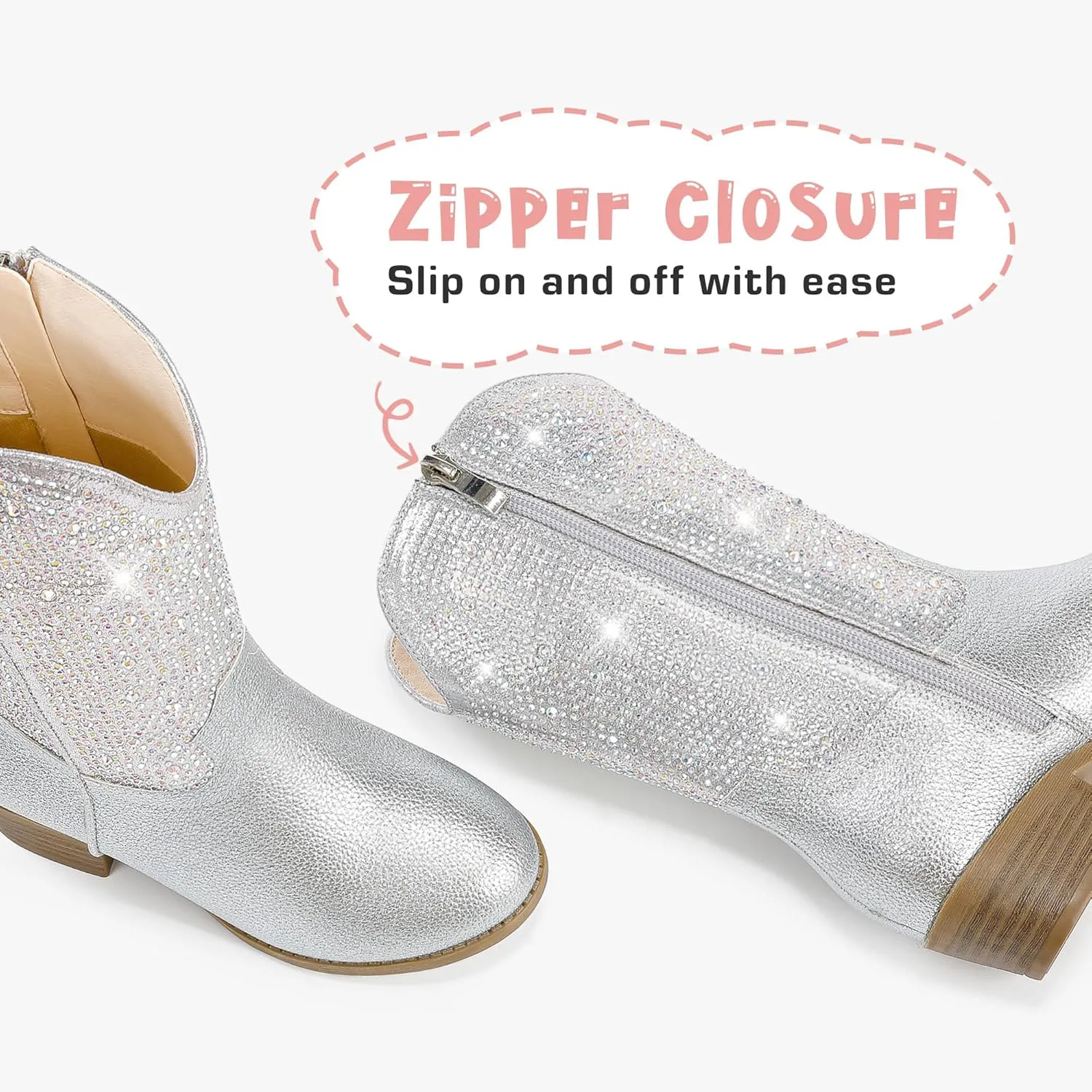 Rhinestone Sparkly Girls Cowgirl Cowboy Boots Little Kids Dress Boot Pointed Toes Low Heel Mid Calf Zipper Party Birthday Toddler to Big Kid