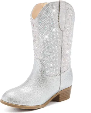 Rhinestone Sparkly Girls Cowgirl Cowboy Boots Little Kids Dress Boot Pointed Toes Low Heel Mid Calf Zipper Party Birthday Toddler to Big Kid
