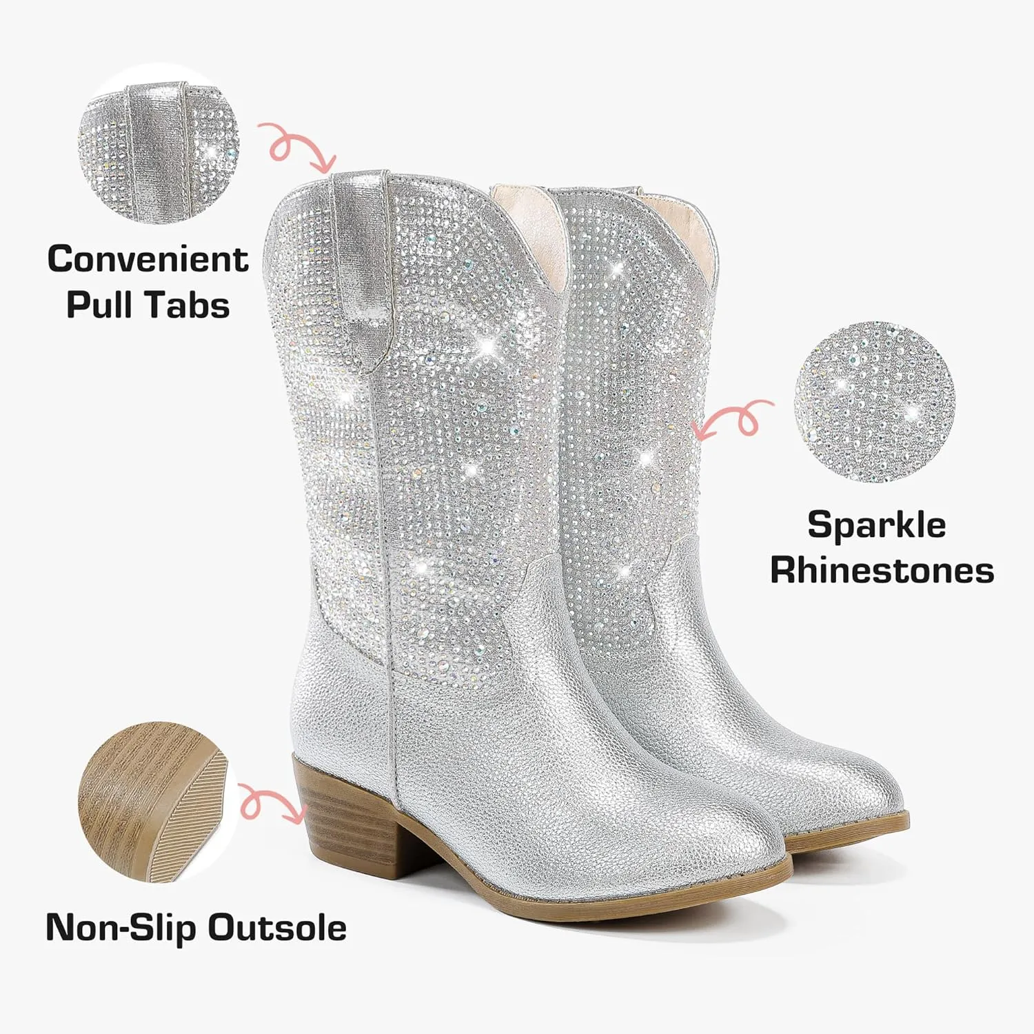 Rhinestone Sparkly Girls Cowgirl Cowboy Boots Little Kids Dress Boot Pointed Toes Low Heel Mid Calf Zipper Party Birthday Toddler to Big Kid