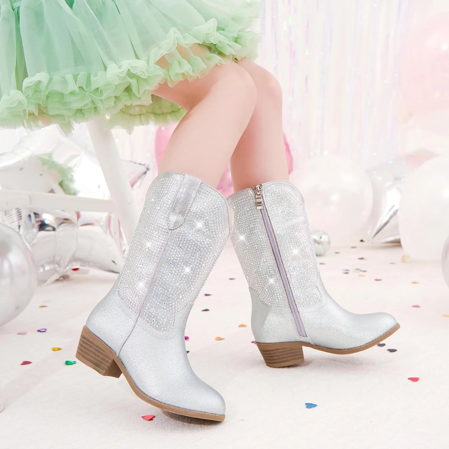 Rhinestone Sparkly Girls Cowgirl Cowboy Boots Little Kids Dress Boot Pointed Toes Low Heel Mid Calf Zipper Party Birthday Toddler to Big Kid