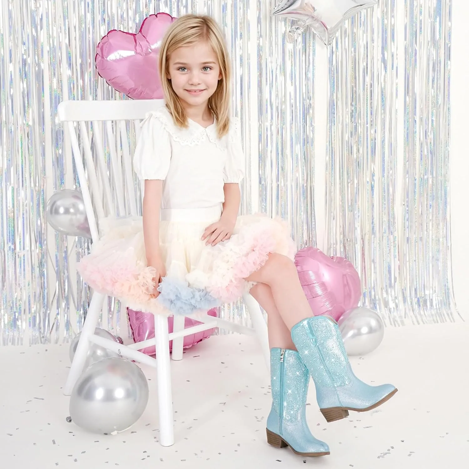 Rhinestone Sparkly Girls Cowgirl Cowboy Boots Little Kids Dress Boot Pointed Toes Low Heel Mid Calf Zipper Party Birthday Toddler to Big Kid