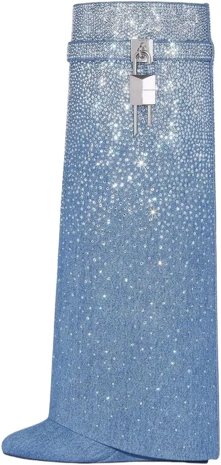Rhinestones Fold Over Knee High Boots for Women Shark Lock Boots High Shaft Wide Calf Fashion Boots Blue Black Boots Pull on Party Concert Boots