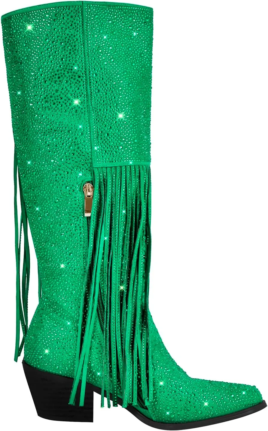 richealnini Embellished Rhinestones Knee High Boots with Fringe and Zippers Side Zip Up Stacked Heels Long Booties Wedding Bridal Shoes