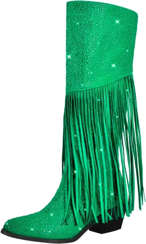 richealnini Embellished Rhinestones Knee High Boots with Fringe and Zippers Side Zip Up Stacked Heels Long Booties Wedding Bridal Shoes