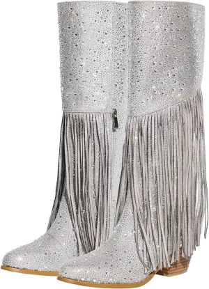 richealnini Embellished Rhinestones Knee High Boots with Fringe and Zippers Side Zip Up Stacked Heels Long Booties Wedding Bridal Shoes