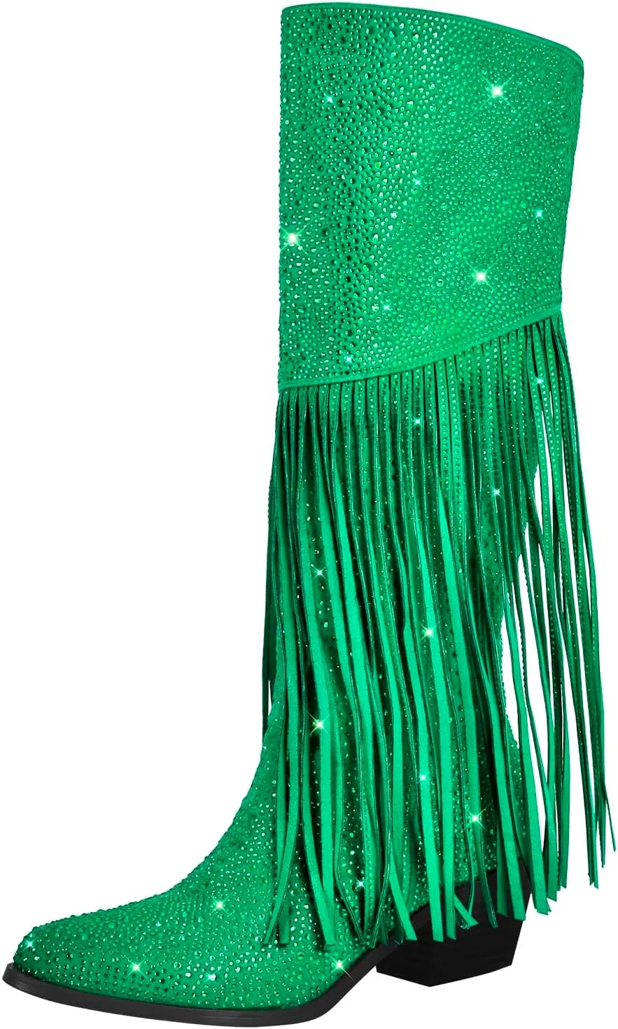 richealnini Embellished Rhinestones Knee High Boots with Fringe and Zippers Side Zip Up Stacked Heels Long Booties Wedding Bridal Shoes