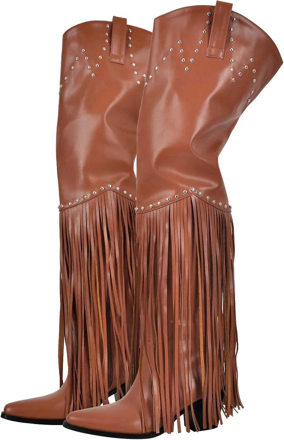 richealnini Fringe Thigh High Boots with Tassels Western Cowboy Boots Zip Up Wide Calf Sock Booties