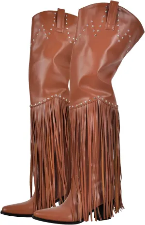 richealnini Fringe Thigh High Boots with Tassels Western Cowboy Boots Zip Up Wide Calf Sock Booties