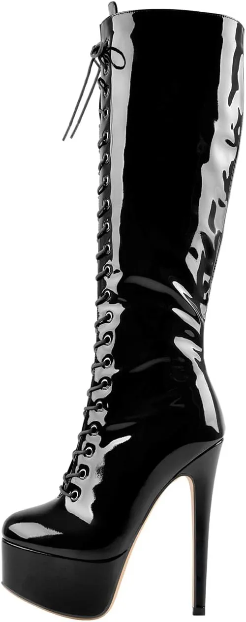 richealnini Lace Up Platform Knee High Boots for Women Side Zipper Wide Calf Boots