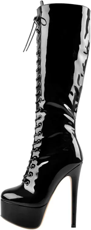 richealnini Lace Up Platform Knee High Boots for Women Side Zipper Wide Calf Boots