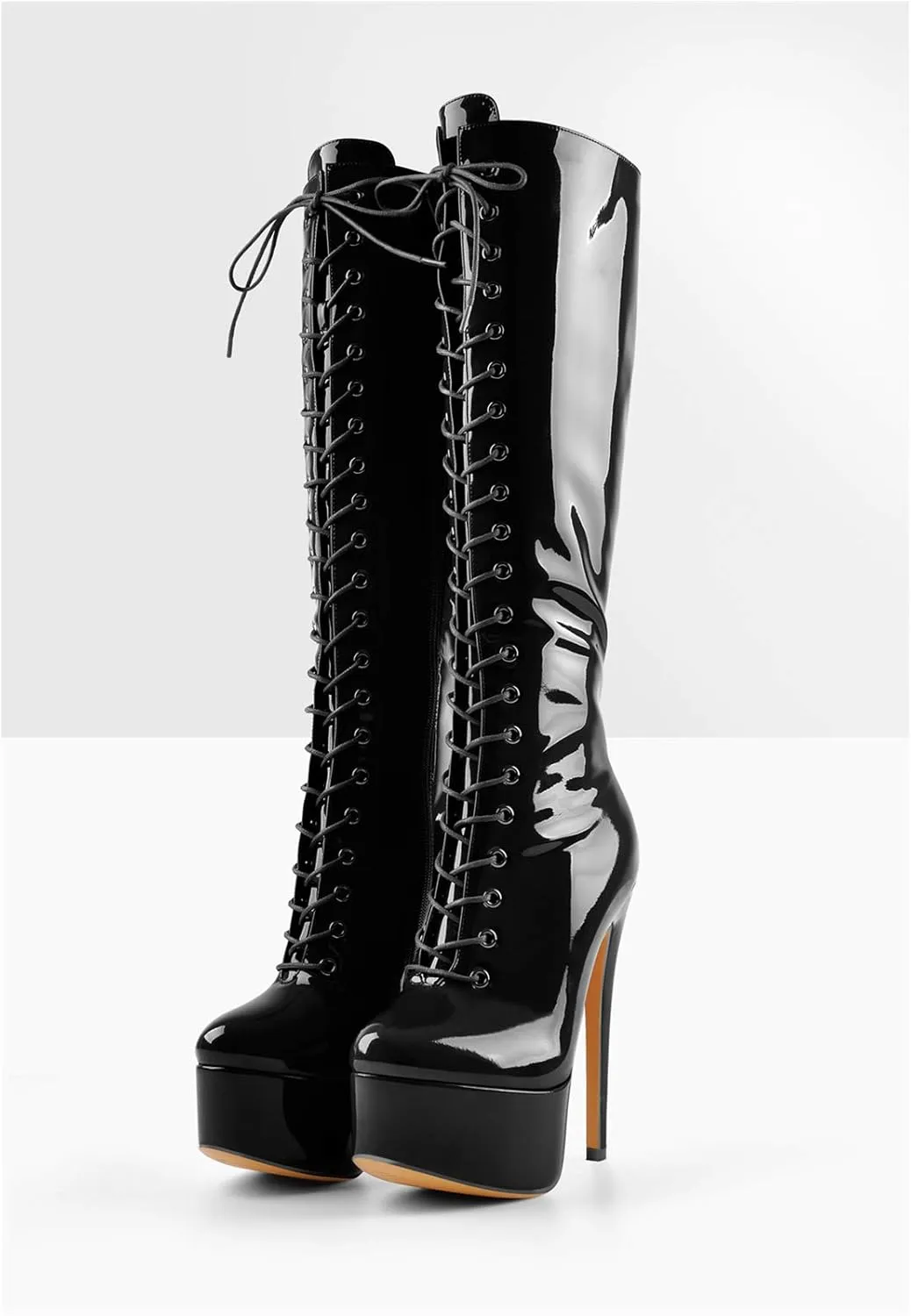 richealnini Lace Up Platform Knee High Boots for Women Side Zipper Wide Calf Boots