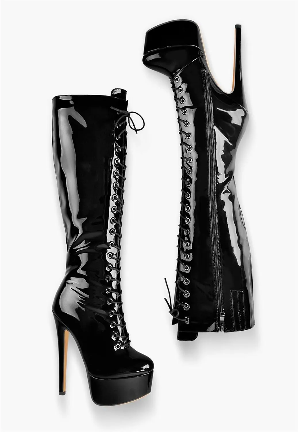 richealnini Lace Up Platform Knee High Boots for Women Side Zipper Wide Calf Boots