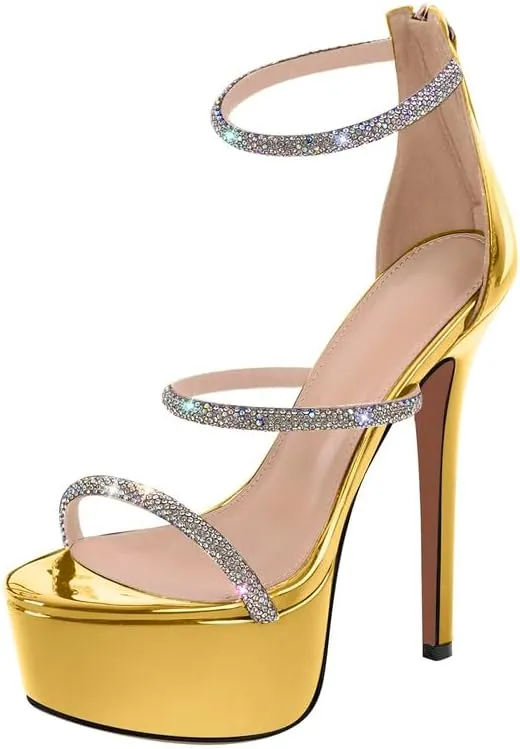 richealnini Platform Heel for Women Crystal Sandals with Rhinestone Straps Buckle Stiletto High Heels