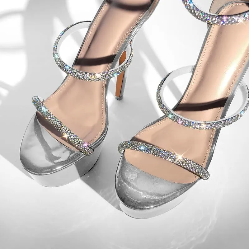richealnini Platform Heel for Women Crystal Sandals with Rhinestone Straps Buckle Stiletto High Heels