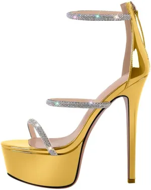 richealnini Platform Heel for Women Crystal Sandals with Rhinestone Straps Buckle Stiletto High Heels