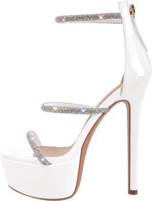 richealnini Platform Heel for Women Crystal Sandals with Rhinestone Straps Buckle Stiletto High Heels