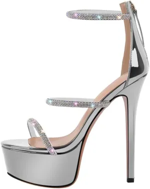 richealnini Platform Heel for Women Crystal Sandals with Rhinestone Straps Buckle Stiletto High Heels