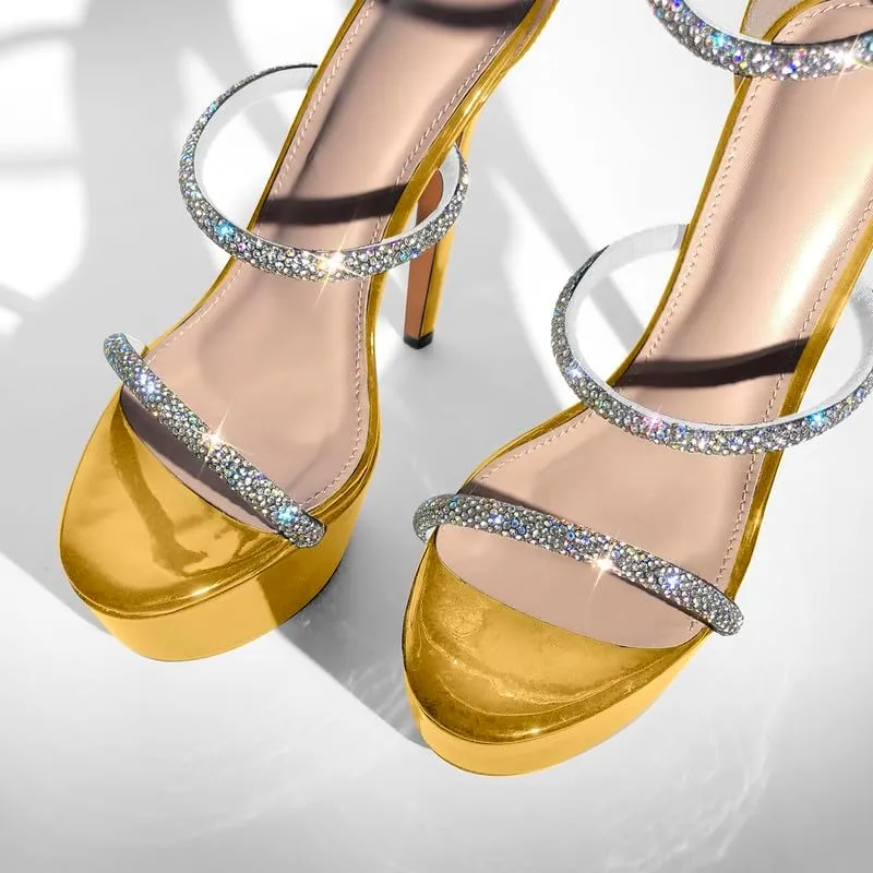 richealnini Platform Heel for Women Crystal Sandals with Rhinestone Straps Buckle Stiletto High Heels