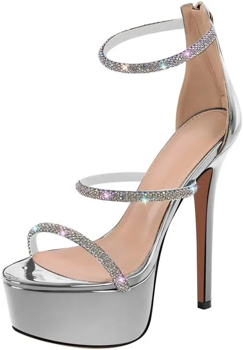 richealnini Platform Heel for Women Crystal Sandals with Rhinestone Straps Buckle Stiletto High Heels