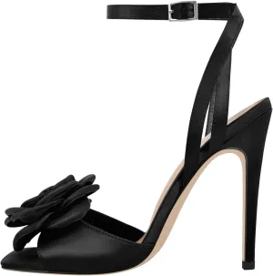 richealnini Satin Floral Sandals for Women Buckle Up Strappy Heel Square Toe Stiletto High Heels