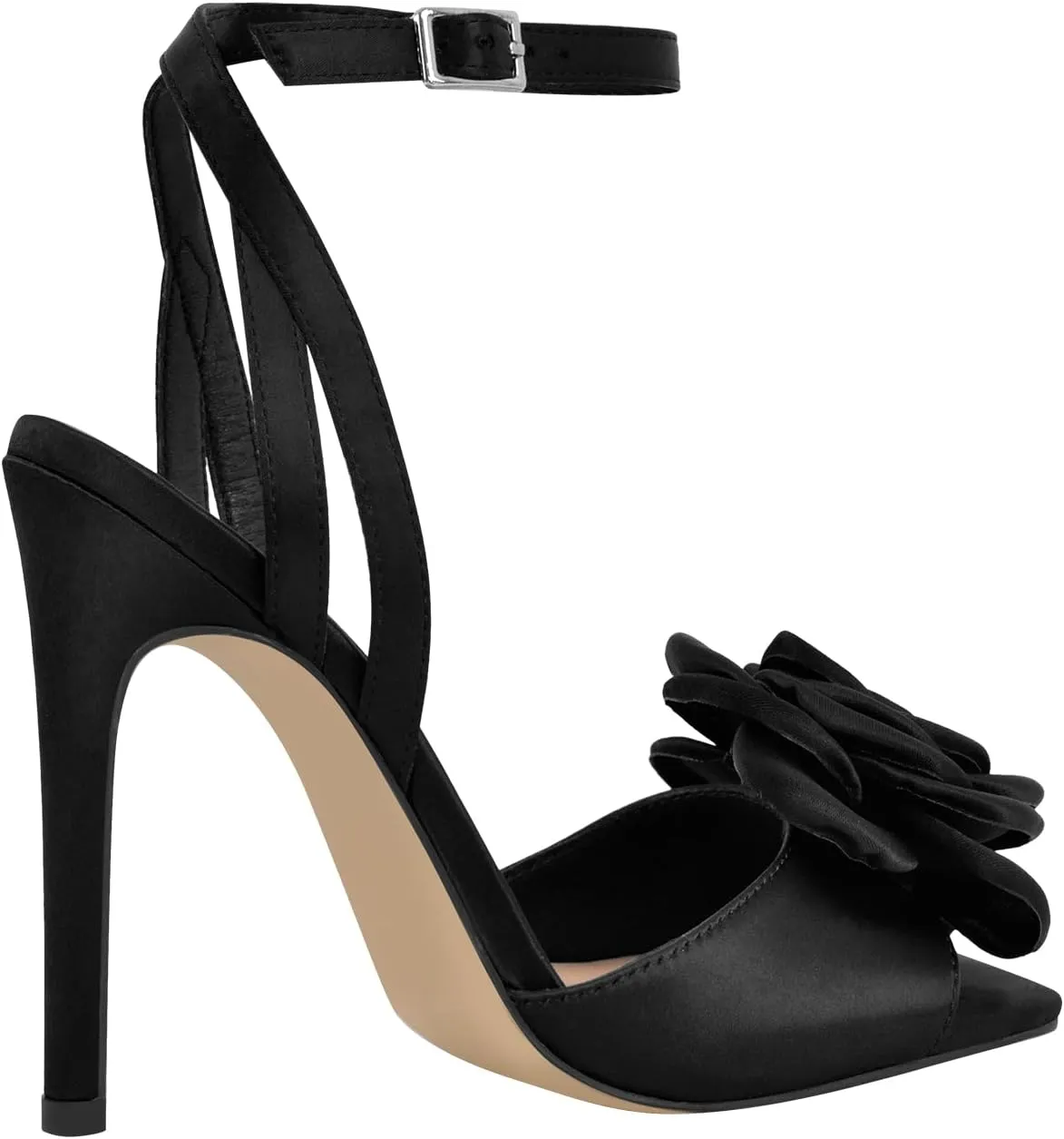 richealnini Satin Floral Sandals for Women Buckle Up Strappy Heel Square Toe Stiletto High Heels