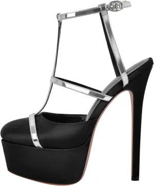 richealnini Silver Strap Heels for Women Closed Toe Platform Sandals Ankle Buckle Strap Slingback Stiletto High Heels Dress Shoes