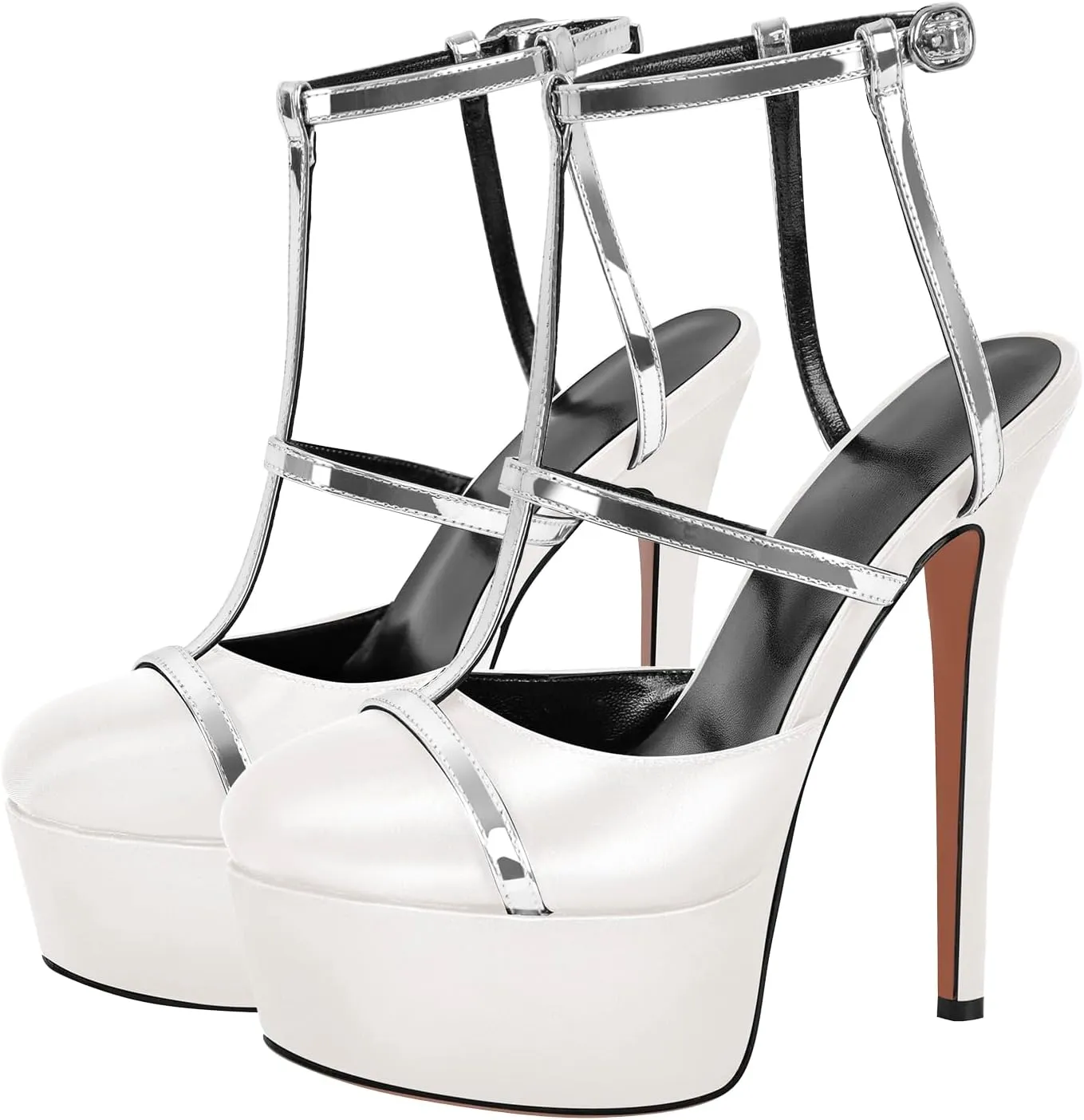 richealnini Silver Strap Heels for Women Closed Toe Platform Sandals Ankle Buckle Strap Slingback Stiletto High Heels Dress Shoes