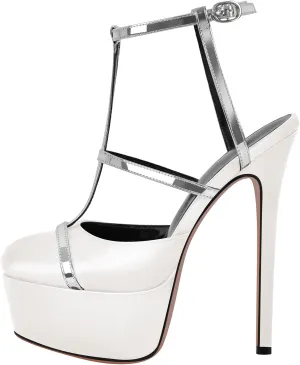 richealnini Silver Strap Heels for Women Closed Toe Platform Sandals Ankle Buckle Strap Slingback Stiletto High Heels Dress Shoes