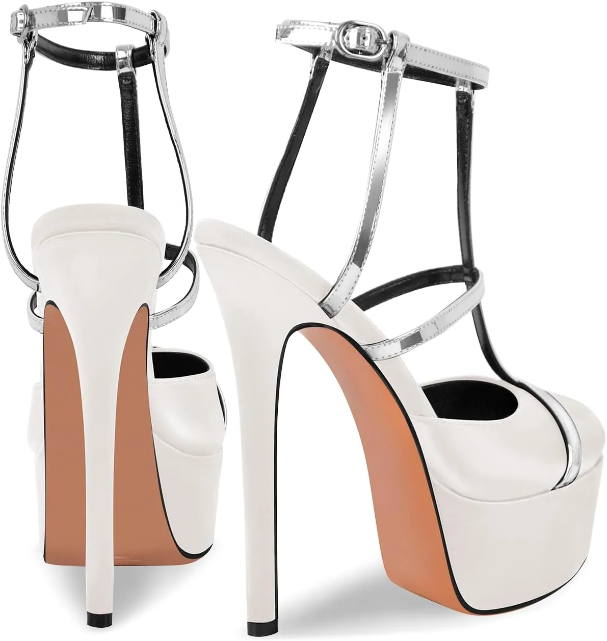 richealnini Silver Strap Heels for Women Closed Toe Platform Sandals Ankle Buckle Strap Slingback Stiletto High Heels Dress Shoes