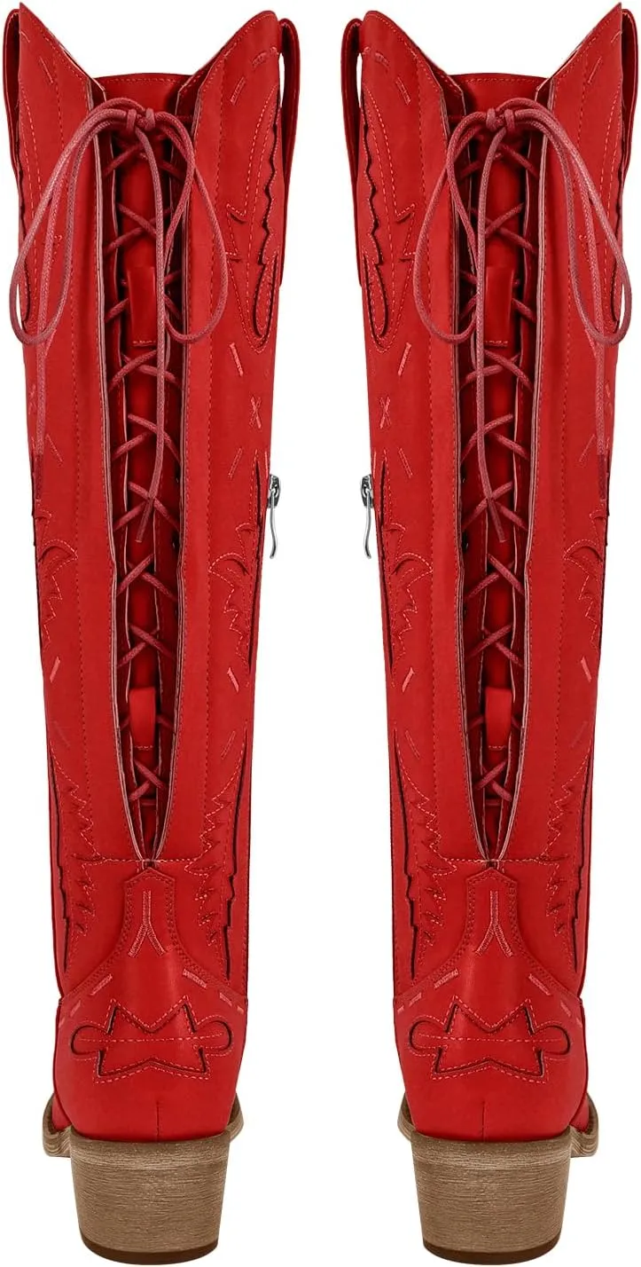 richealnini Women's Embroidered Knee High Boots Zipper Dressy Adjustable Lace Up Western Cowboy Boots