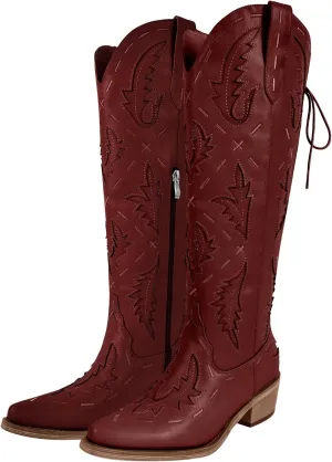 richealnini Women's Embroidered Knee High Boots Zipper Dressy Adjustable Lace Up Western Cowboy Boots