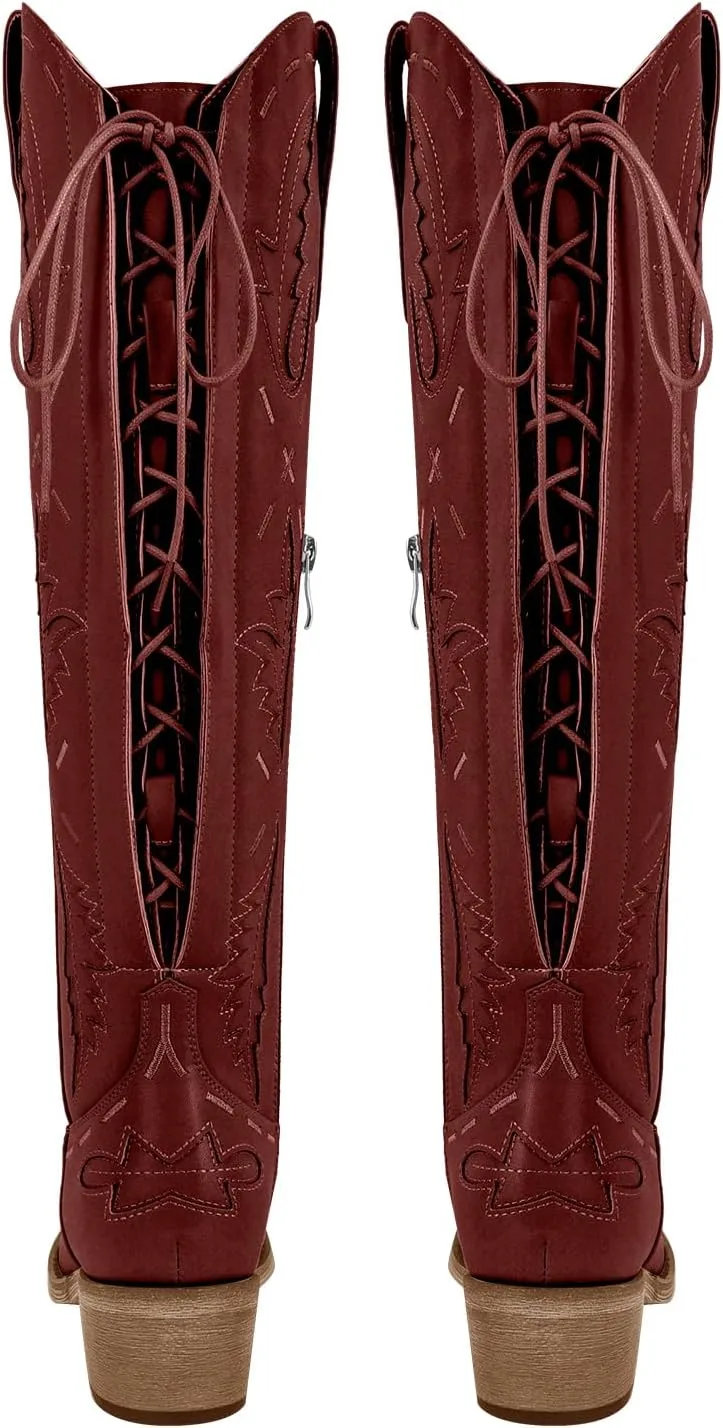 richealnini Women's Embroidered Knee High Boots Zipper Dressy Adjustable Lace Up Western Cowboy Boots