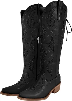 richealnini Women's Embroidered Knee High Boots Zipper Dressy Adjustable Lace Up Western Cowboy Boots