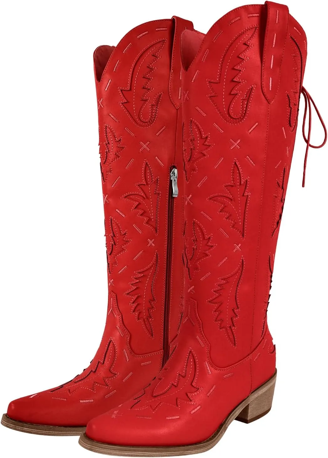 richealnini Women's Embroidered Knee High Boots Zipper Dressy Adjustable Lace Up Western Cowboy Boots