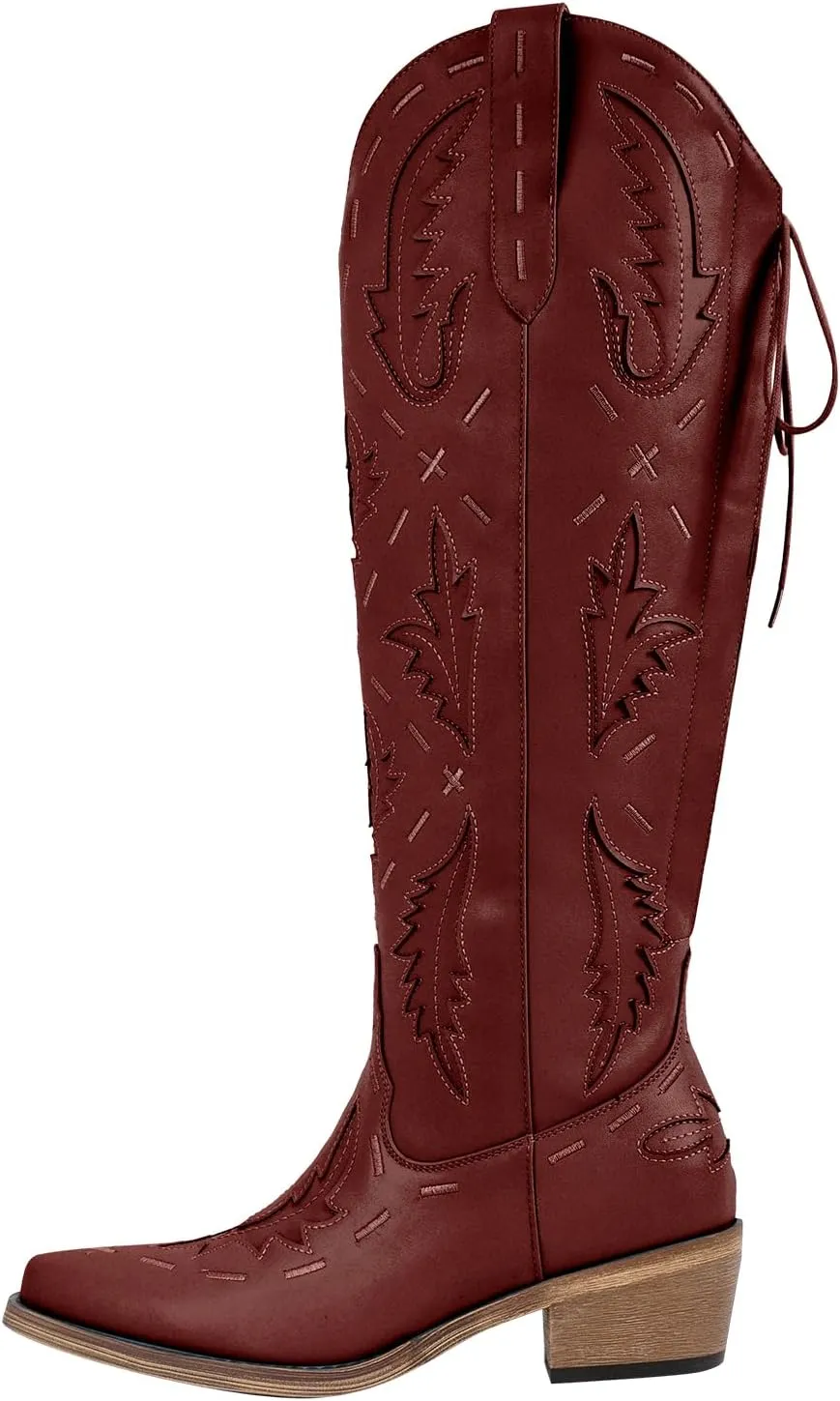 richealnini Women's Embroidered Knee High Boots Zipper Dressy Adjustable Lace Up Western Cowboy Boots