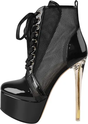 richealnini Women's Lace Up Stiletto Heeled Boots Fishnet Platform Super High Heel Low-top Ankle Booties Mesh Comfy Clear Metal Slim Heel Walking Motorcycle Party Dress Shoes Black Size 10