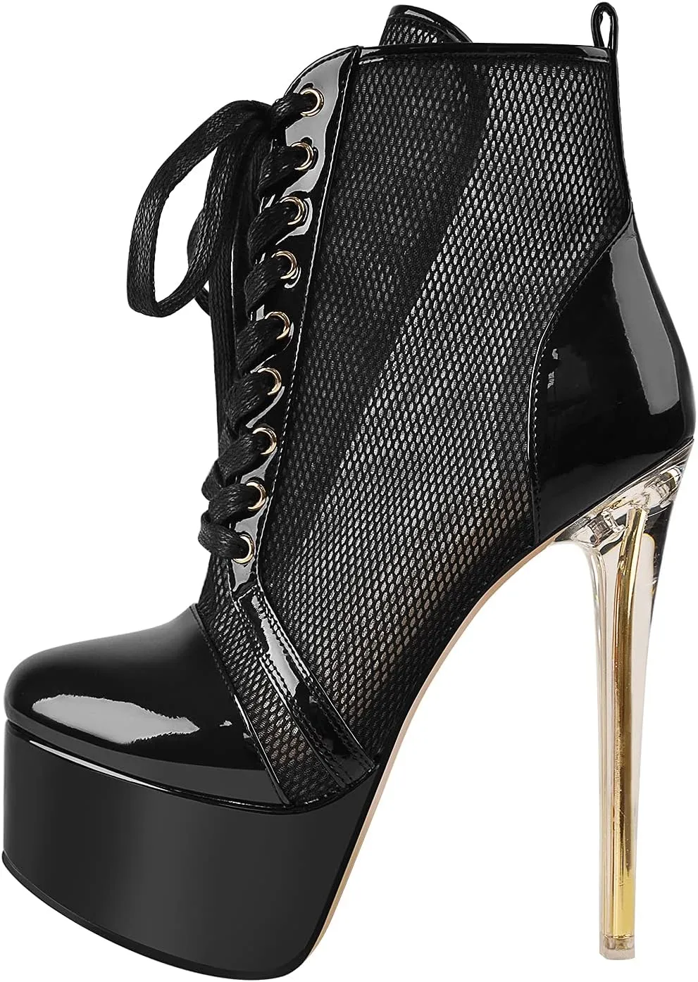 richealnini Women's Lace Up Stiletto Heeled Boots Fishnet Platform Super High Heel Low-top Ankle Booties Mesh Comfy Clear Metal Slim Heel Walking Motorcycle Party Dress Shoes Black Size 10