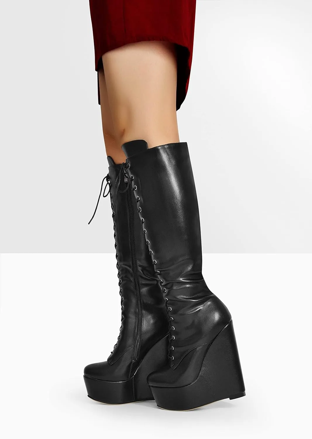 richealnini Women's Wedge Heel Knee High Boots with Lace Front Tie Up Wide Calf Booties