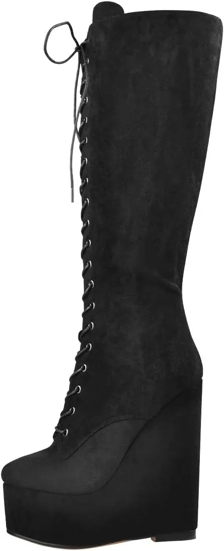 richealnini Women's Wedge Heel Knee High Boots with Lace Front Tie Up Wide Calf Booties