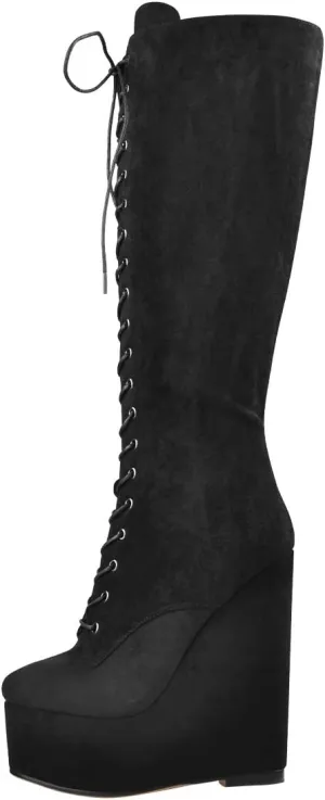 richealnini Women's Wedge Heel Knee High Boots with Lace Front Tie Up Wide Calf Booties