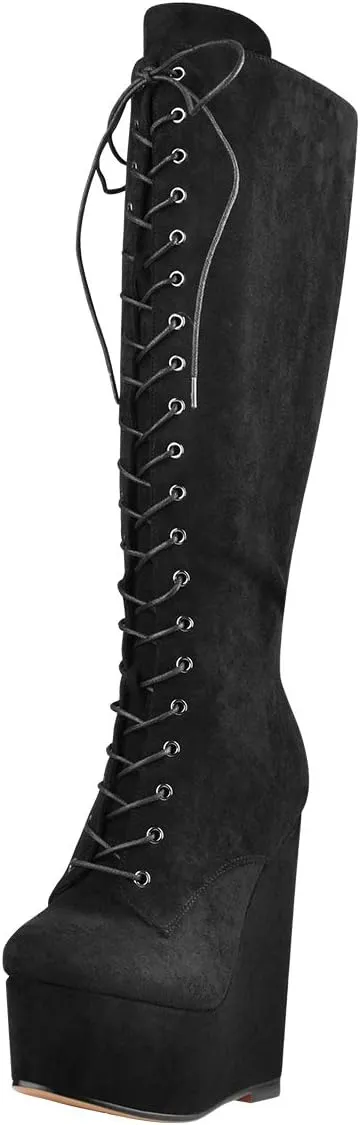 richealnini Women's Wedge Heel Knee High Boots with Lace Front Tie Up Wide Calf Booties